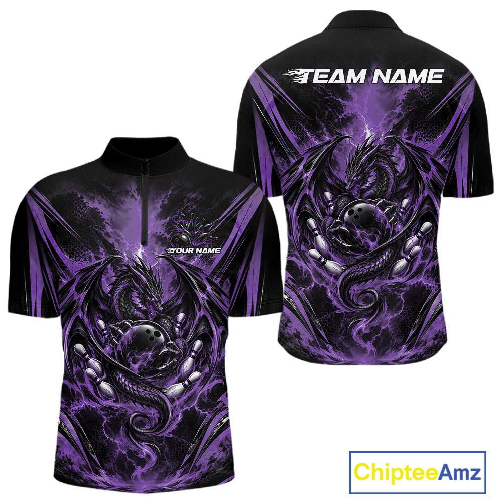 Custom Black And Purple Thunder Lightning Dragon Men Bowling Jersey Men Quarter Zip Shirt IPHW12128