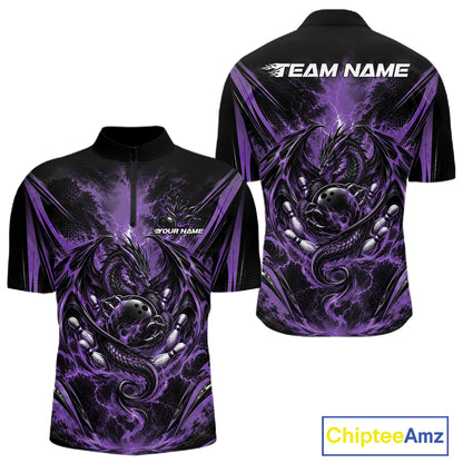 Custom Black And Purple Thunder Lightning Dragon Men Bowling Jersey Men Quarter Zip Shirt IPHW12128