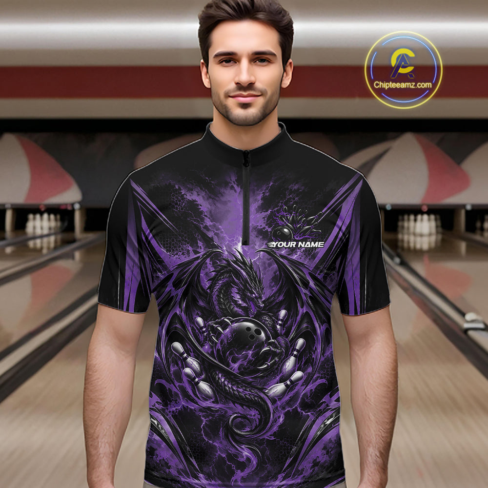 Custom Black And Purple Thunder Lightning Dragon Men Bowling Jersey Men Quarter Zip Shirt IPHW12128