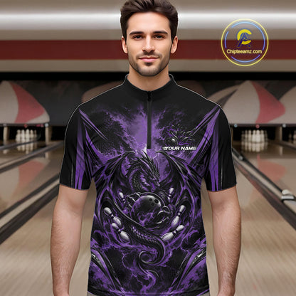 Custom Black And Purple Thunder Lightning Dragon Men Bowling Jersey Men Quarter Zip Shirt IPHW12128