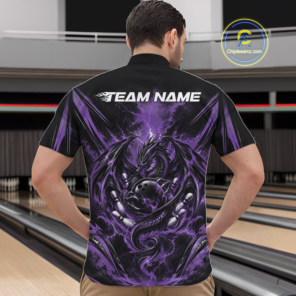 Custom Black And Purple Thunder Lightning Dragon Men Bowling Jersey Men Quarter Zip Shirt IPHW12128