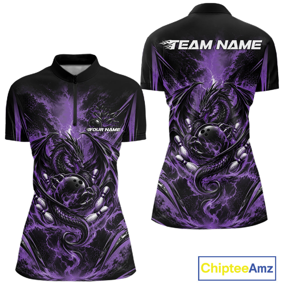 Custom Purple Thunder Lightning Dragon Women Bowling Jersey Women Quarter-Zip Shirt IPHW12128