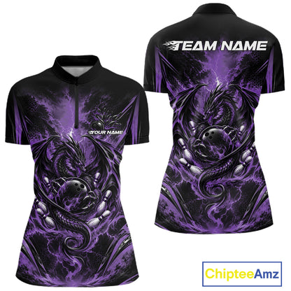 Custom Purple Thunder Lightning Dragon Women Bowling Jersey Women Quarter-Zip Shirt IPHW12128