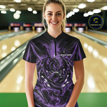 Custom Purple Thunder Lightning Dragon Women Bowling Jersey Women Quarter-Zip Shirt IPHW12128