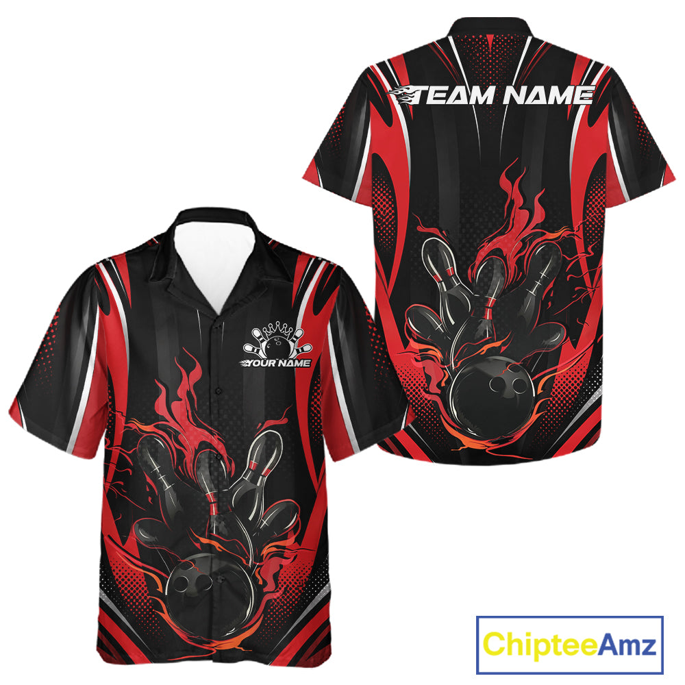 Black And Red Flame Custom Bowling Men And Women Button Up Shirt, Bowling Tournament Team Jersey IPHW12140