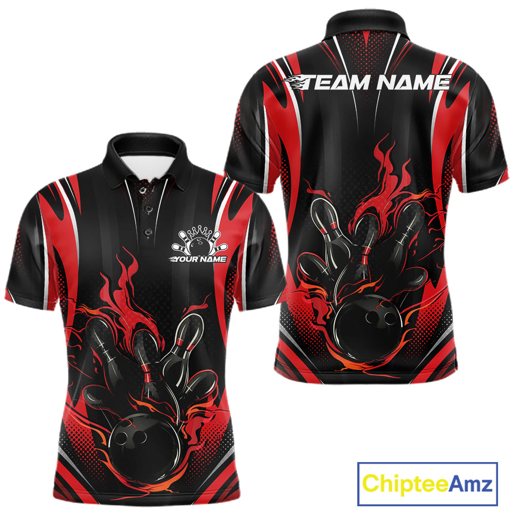 Black And Red Flame Custom Bowling Men Polo Shirt, Bowling Tournament Team Jersey IPHW12140