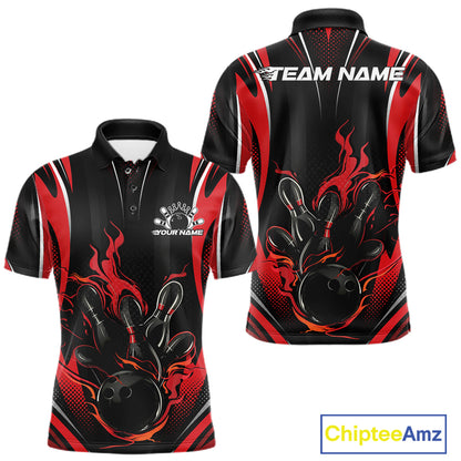 Black And Red Flame Custom Bowling Men Polo Shirt, Bowling Tournament Team Jersey IPHW12140