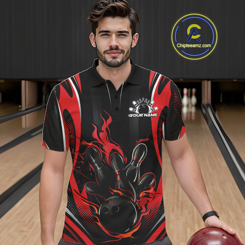 Black And Red Flame Custom Bowling Men Polo Shirt, Bowling Tournament Team Jersey IPHW12140