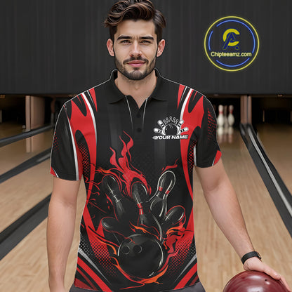Black And Red Flame Custom Bowling Men Polo Shirt, Bowling Tournament Team Jersey IPHW12140