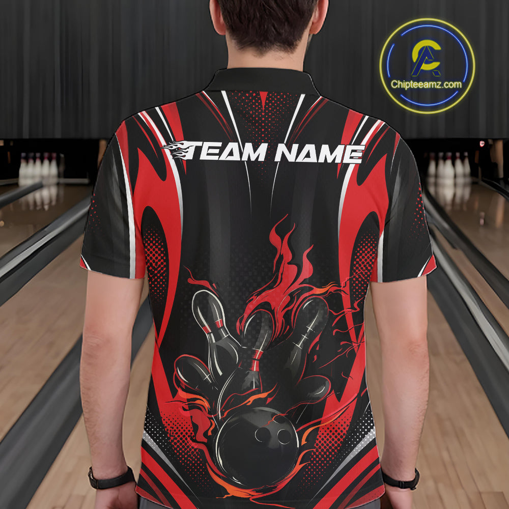 Black And Red Flame Custom Bowling Men Polo Shirt, Bowling Tournament Team Jersey IPHW12140