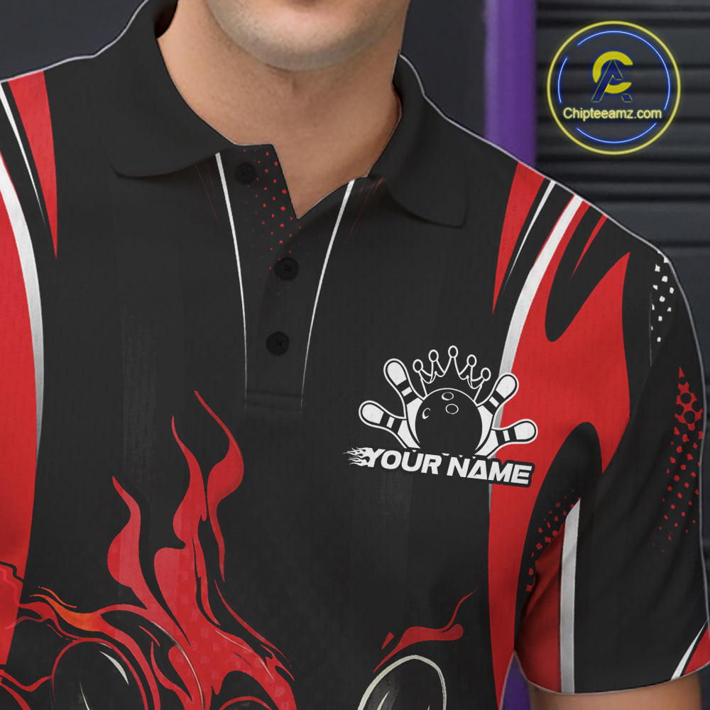 Black And Red Flame Custom Bowling Men Polo Shirt, Bowling Tournament Team Jersey IPHW12140