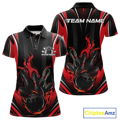 Black And Red Flame Custom Bowling Women Polo Shirt, Bowling Tournament Team Jersey IPHW12140