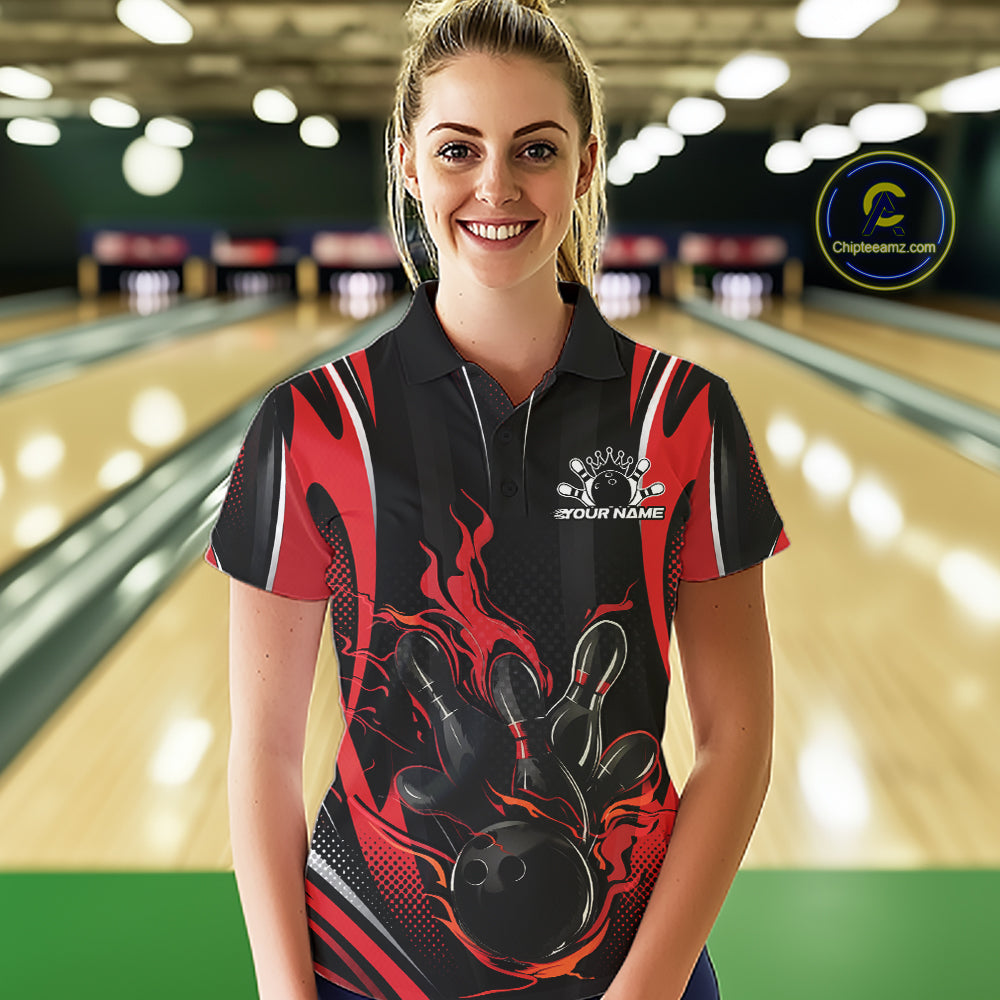 Black And Red Flame Custom Bowling Women Polo Shirt, Bowling Tournament Team Jersey IPHW12140