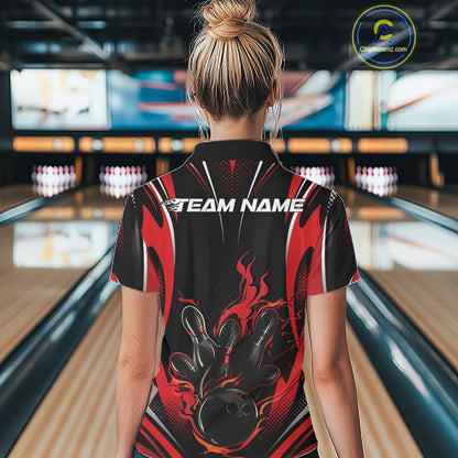 Black And Red Flame Custom Bowling Women Polo Shirt, Bowling Tournament Team Jersey IPHW12140