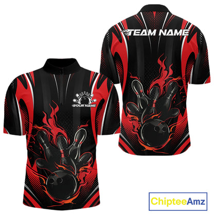 Black And Red Flame Custom Bowling Men Quarter Zip Shirt, Bowling Tournament Team Jersey IPHW12140