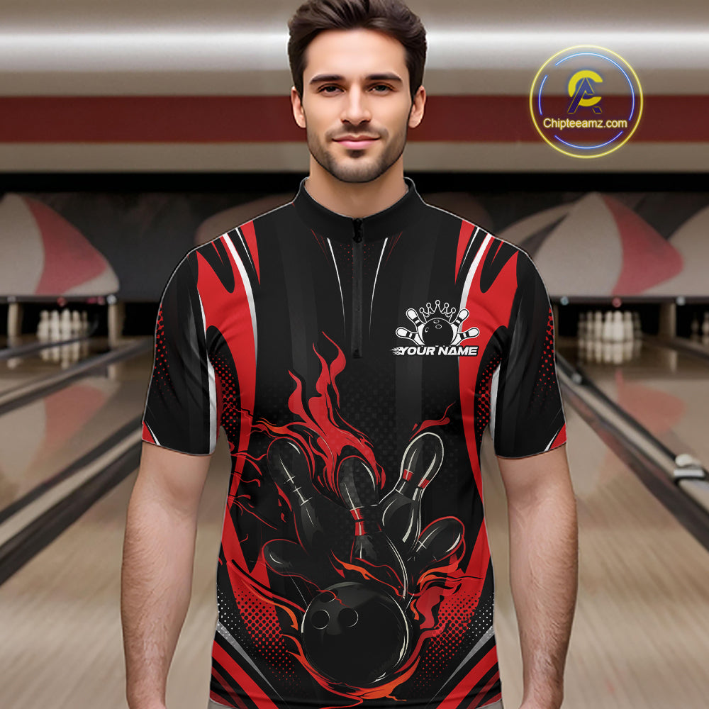 Black And Red Flame Custom Bowling Men Quarter Zip Shirt, Bowling Tournament Team Jersey IPHW12140