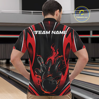 Black And Red Flame Custom Bowling Men Quarter Zip Shirt, Bowling Tournament Team Jersey IPHW12140