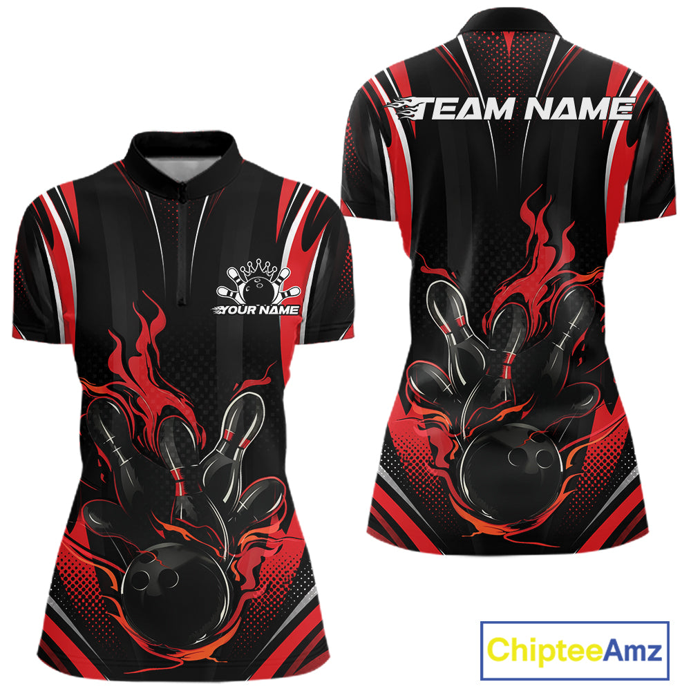 Red Flame Custom Bowling Women Quarter-Zip Shirt, Bowling Tournament Team Jersey IPHW12140