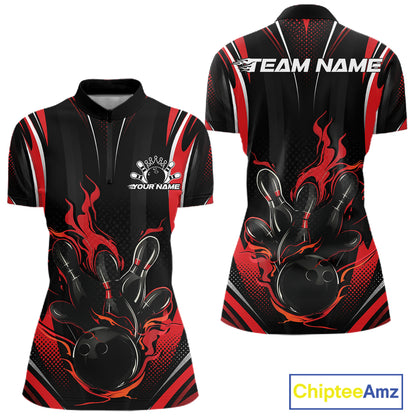Red Flame Custom Bowling Women Quarter-Zip Shirt, Bowling Tournament Team Jersey IPHW12140