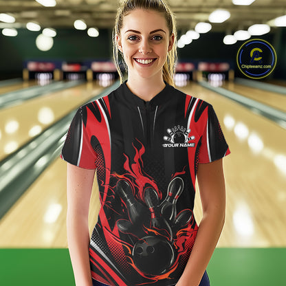 Red Flame Custom Bowling Women Quarter-Zip Shirt, Bowling Tournament Team Jersey IPHW12140
