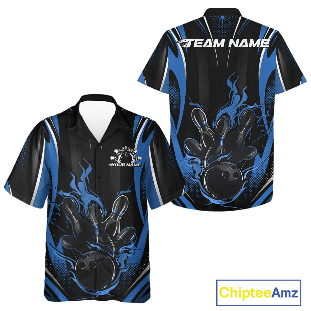 Black And Blue Flame Custom Bowling Men And Women Button Up Shirt, Bowling Tournament Team Jersey IPHW12141