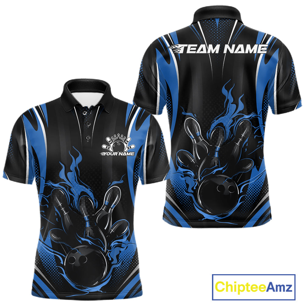 Black And Blue Flame Custom Bowling Men Polo Shirt, Bowling Tournament Team Jersey IPHW12141