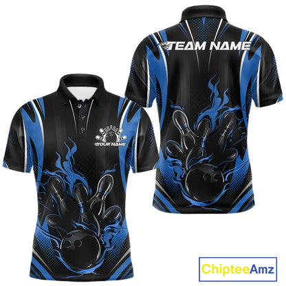 Black And Blue Flame Custom Bowling Men Polo Shirt, Bowling Tournament Team Jersey IPHW12141