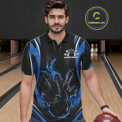 Black And Blue Flame Custom Bowling Men Polo Shirt, Bowling Tournament Team Jersey IPHW12141
