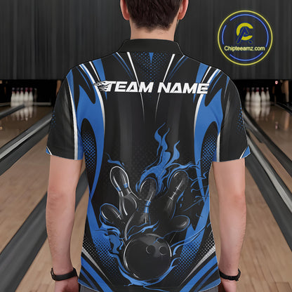 Black And Blue Flame Custom Bowling Men Polo Shirt, Bowling Tournament Team Jersey IPHW12141