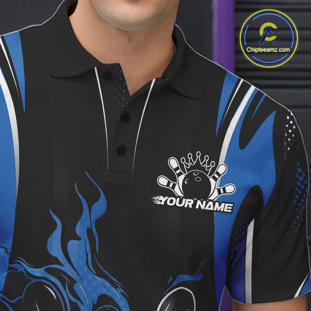 Black And Blue Flame Custom Bowling Men Polo Shirt, Bowling Tournament Team Jersey IPHW12141