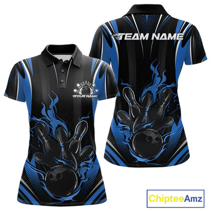 Black And Blue Flame Custom Bowling Women Polo Shirt, Bowling Tournament Team Jersey IPHW12141