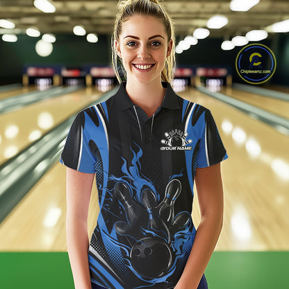 Black And Blue Flame Custom Bowling Women Polo Shirt, Bowling Tournament Team Jersey IPHW12141
