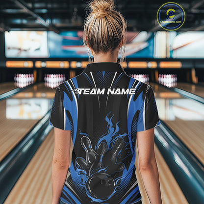 Black And Blue Flame Custom Bowling Women Polo Shirt, Bowling Tournament Team Jersey IPHW12141