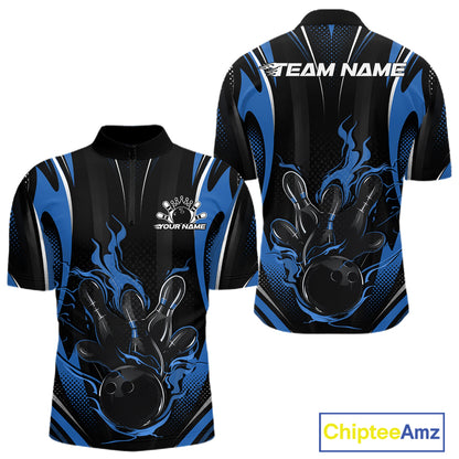 Black And Blue Flame Custom Bowling Men Quarter Zip Shirt, Bowling Tournament Team Jersey IPHW12141