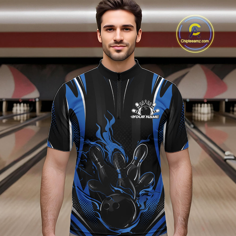 Black And Blue Flame Custom Bowling Men Quarter Zip Shirt, Bowling Tournament Team Jersey IPHW12141