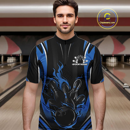 Black And Blue Flame Custom Bowling Men Quarter Zip Shirt, Bowling Tournament Team Jersey IPHW12141