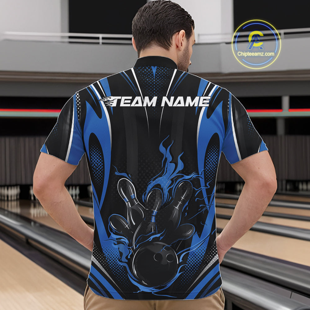 Black And Blue Flame Custom Bowling Men Quarter Zip Shirt, Bowling Tournament Team Jersey IPHW12141