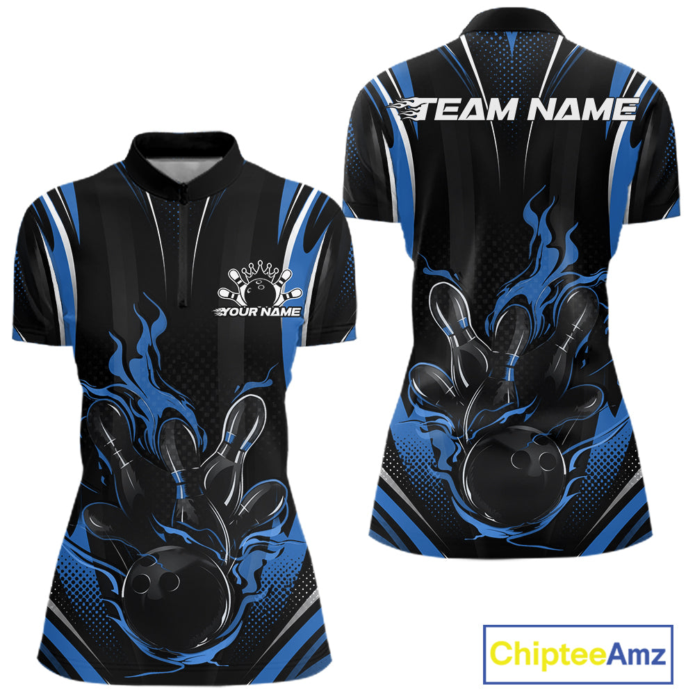 Blue Flame Custom Bowling Women Quarter-Zip Shirt, Bowling Tournament Team Jersey IPHW12141