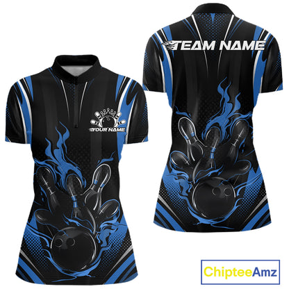 Blue Flame Custom Bowling Women Quarter-Zip Shirt, Bowling Tournament Team Jersey IPHW12141