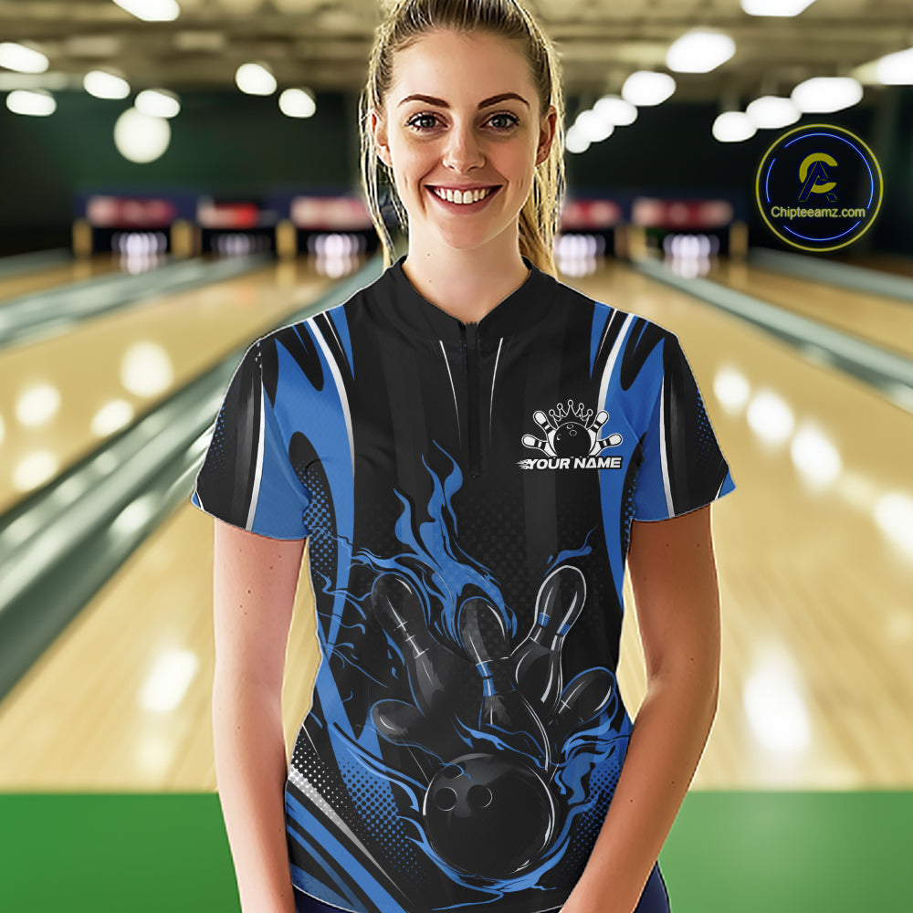Blue Flame Custom Bowling Women Quarter-Zip Shirt, Bowling Tournament Team Jersey IPHW12141