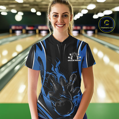 Blue Flame Custom Bowling Women Quarter-Zip Shirt, Bowling Tournament Team Jersey IPHW12141