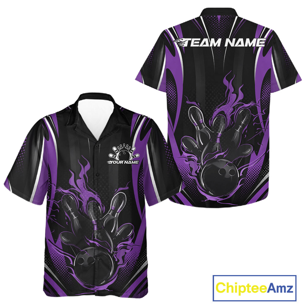 Black And Purple Flame Custom Bowling Men And Women Button Up Shirt, Bowling Tournament Team Jersey IPHW12142