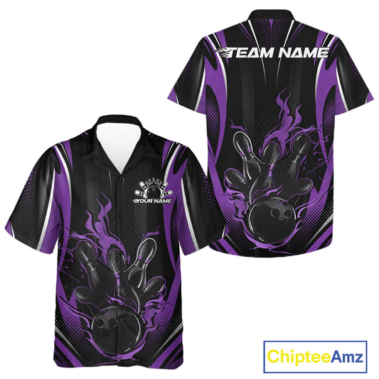Black And Purple Flame Custom Bowling Men And Women Button Up Shirt, Bowling Tournament Team Jersey IPHW12142