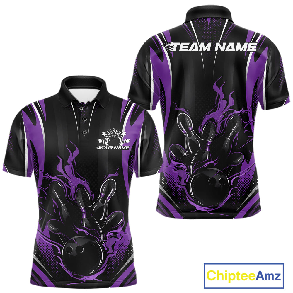 Black And Purple Flame Custom Bowling Men Polo Shirt, Bowling Tournament Team Jersey IPHW12142