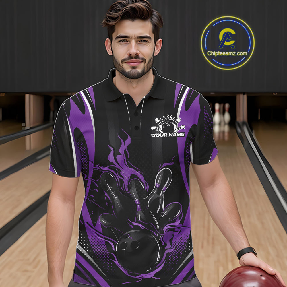 Black And Purple Flame Custom Bowling Men Polo Shirt, Bowling Tournament Team Jersey IPHW12142