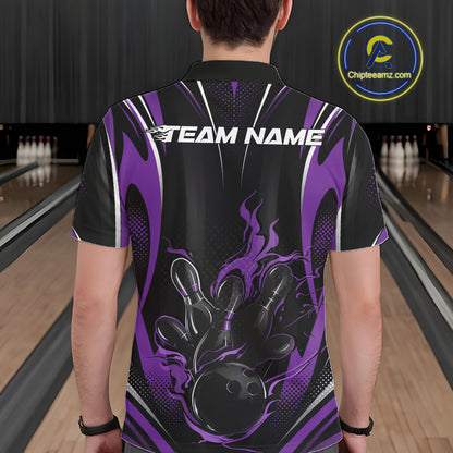 Black And Purple Flame Custom Bowling Men Polo Shirt, Bowling Tournament Team Jersey IPHW12142
