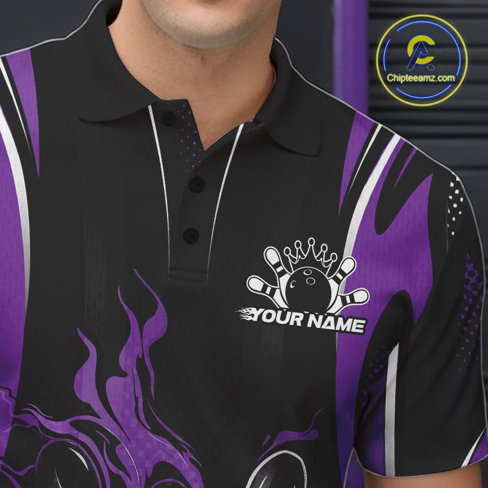 Black And Purple Flame Custom Bowling Men Polo Shirt, Bowling Tournament Team Jersey IPHW12142
