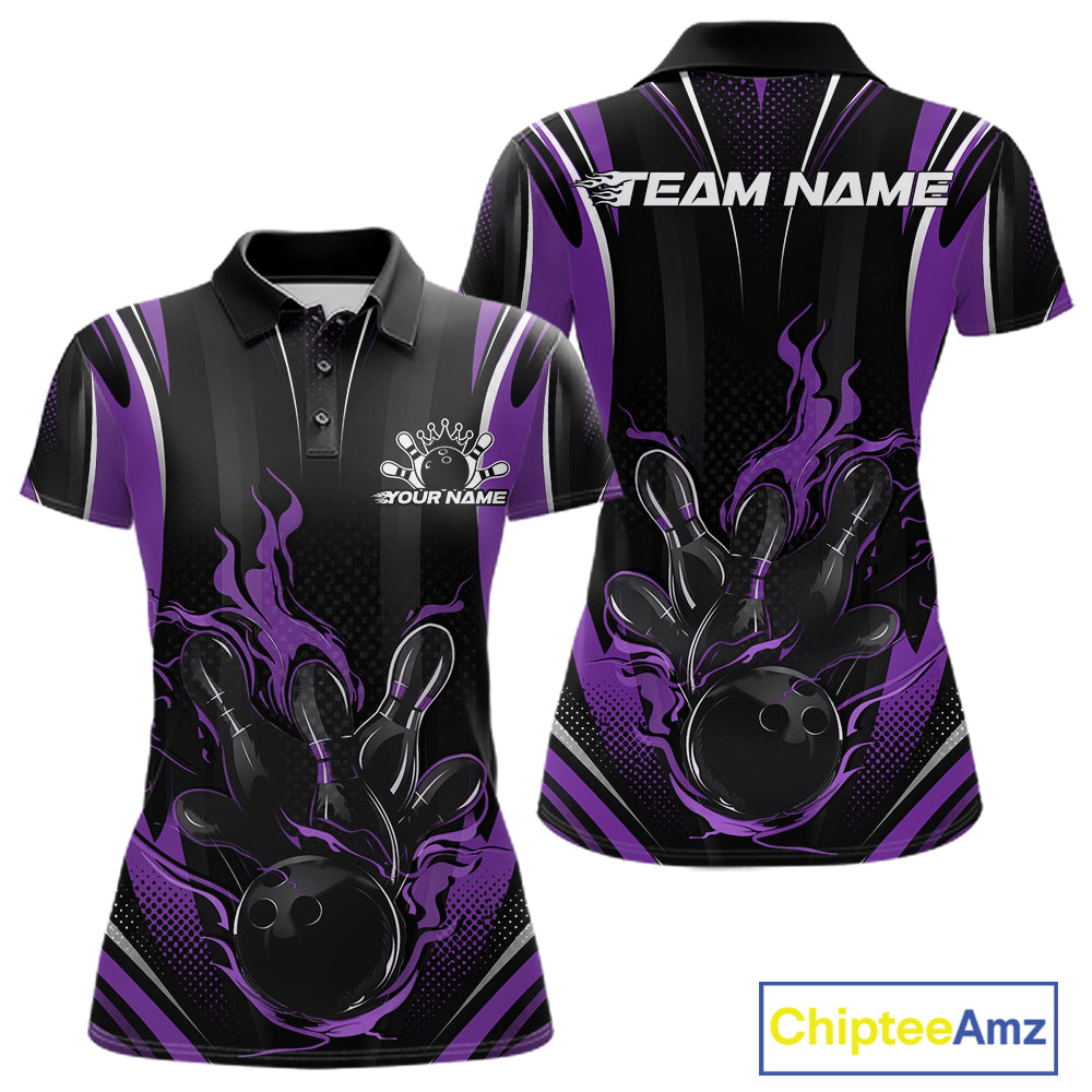 Black And Purple Flame Custom Bowling Women Polo Shirt, Bowling Tournament Team Jersey IPHW12142