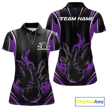Black And Purple Flame Custom Bowling Women Polo Shirt, Bowling Tournament Team Jersey IPHW12142