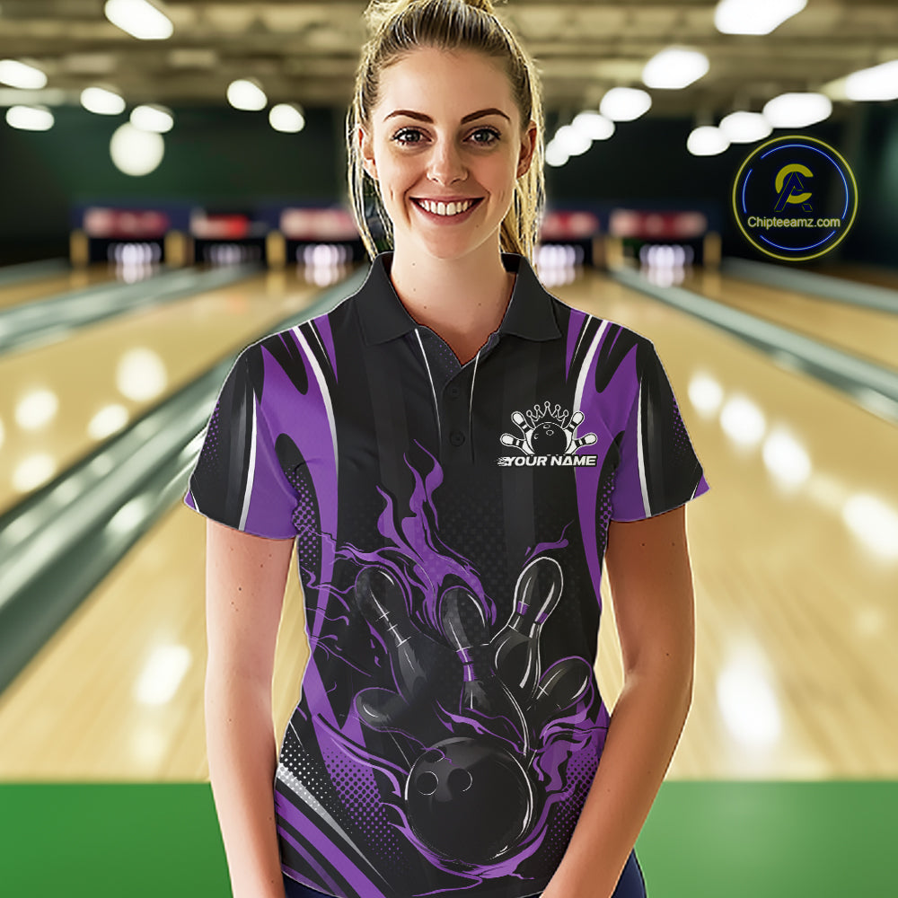 Black And Purple Flame Custom Bowling Women Polo Shirt, Bowling Tournament Team Jersey IPHW12142